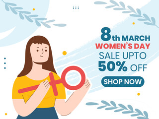 Wall Mural - Illustration of a woman holding female symbol sign. 8 March International women's day sale banner design.