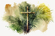 Palm sunday background. Cross and palm watercolor Generative AI