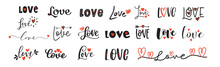 LOVE. Lettering Vector Illustration For Poster, Card, Banner Valentine Day, Wedding. Love Text Logo. Hand Drawn Typography Word - Love With Doodle Heart. Print For Tee, T-shirt.