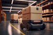 © VICHIZH - Robot delivery man in the warehouse with boxes, technology to simplify life and quality, sort parcels and valuable goods, inventory. Generative AI