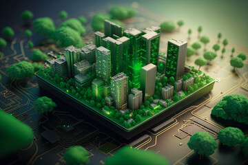 Smart city on circuit board background. Futuristic cyberspace concept. Generative Ai	
