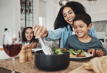 Wall Mural - Mother, kids and eating food in home together for lunch, dinner table and healthy meal. Happy family, mom and children smile for dining in house with love, care and happiness of delicious supper