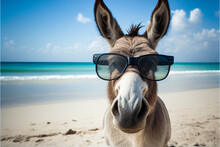 Portrait Of Donkey In Sunglasses At The Resort. AI Generated
