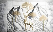 3d Modern Art Mural Wallpaper With Drawing Modern Landscape Art. Leaves Tree, Golden Lines, Golden Deer And Tree In Antique White Gray Background, Golden Sun And Mountain, Colorful Marble Background
