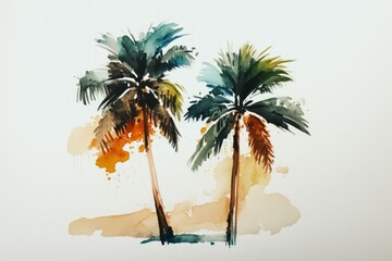 Canvas Print - Completed watercolor painting of two palm trees over a white backdrop. Generative AI