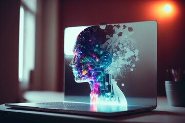 Wall Mural - Holographic image of a human head in a clever AI concept on a contemporary laptop background. Multiexposure. Generative AI