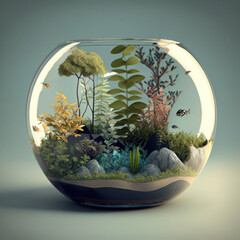 Small decoration plants in a glass bottle. Closed ecosystem in glass pot. Generated AI.