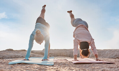 Sticker - Yoga, flare and woman friends on the beach together for mental health, wellness or fitness in summer. Exercise, diversity or nature with a female yogi and friend practicing meditation outside