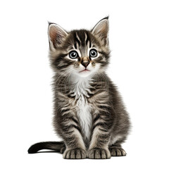 Wall Mural - Funny gray kitten with beautiful big eyes posing on a white background. Lovely fluffy cat. Free space for text. Generative AI