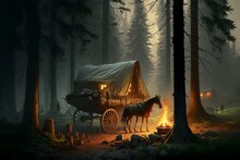 Campfire In Jungle. Traveler With Horse And Cart