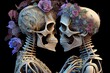 Two human skeleton in love. Flowers on skull, love after death concept, generative AI