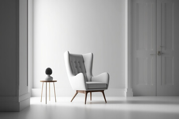 An armchair in a contemporary, minimalist setting against a background of a blank white wall