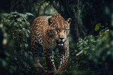 A Magnificently Marked Wild Jaguar Strolls In A Forest Field. Generative AI