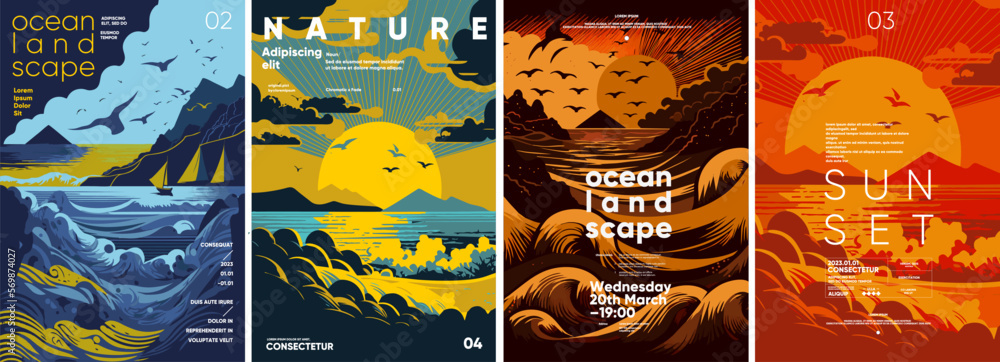 Sunset, storm, ocean waves. Set of vector illustrations. Flat design ...