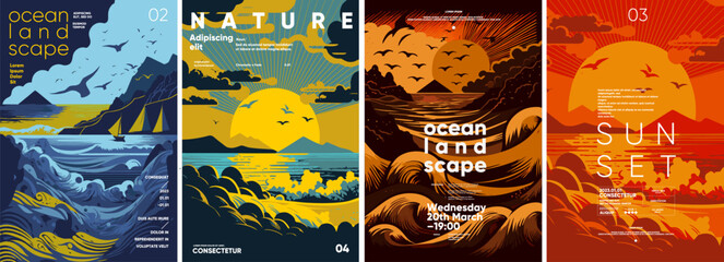 sunset, storm, ocean waves. set of vector illustrations. flat design. typography. background for a p