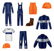 Workwear uniform and worker clothes, safety jackets and overall vests. Work wear clothing suits and outfit garments for construction and builders, hardhat helmet and pants mockups