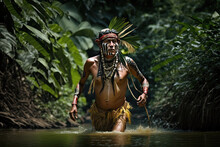 Generative AI Illustration Of An Indigenous Man From The Amazon With Ritual Paintings On His Face And Body Walking Into A River Surrounded By Vegetation