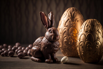 Sticker - Chocolate easter bunny with easter eggs, Generative AI easter background
