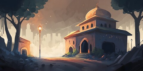 Mosque in the morning, muslim festival eid mubarak background