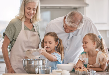 Poster - Family, baking and children helping grandparents in their home kitchen. Senior woman, man and girl kids learning about food, cooking or dessert recipe with love, care and quality time for development