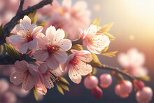 Closeup Of Spring Seasonal Cherry Blossom Flower On Bokeh Background. Created With Generative AI Technology.
