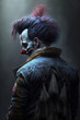 © WhiteRabbitHouse - a hyper realistic clown, from behind, horror