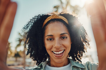 Face portrait, selfie and happy black woman taking pictures to remember memory, social media or profile picture. Smile, beauty and female from South Africa taking photo outdoors in nature or park.