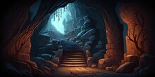 Fabled Mystery Deep Mountain's Stone Cave Stairs. Fanciful Background Illustration That Is Realistic Concept Art. Background Digital Painting For Video Games Digital Art Scene Paintings Illustration F