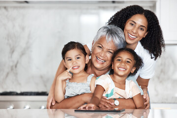 Poster - Love, smile and portrait of happy family in home, bonding and laughing at funny joke. Comic, generations and grandmother, mother and girls, kids or children, smiling or enjoying quality time together