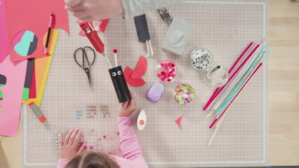 Wall Mural - Flat lay. Kids papercraft. Making paper bugs out of the empty toilet paper rolls and construction paper.