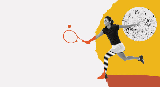 Modern creative design. Contemporary art. Young woman in uniform playing tennis, hitting ball with racket. Competitive mood. Concept of sport, motion, action, competition. Bright colors
