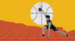 © master1305 - Modern creative design. Contemporary art. Young man, professional basketball athlete playing, training over red yellow background. Concept of sport, motion, action, competition. Bright colors