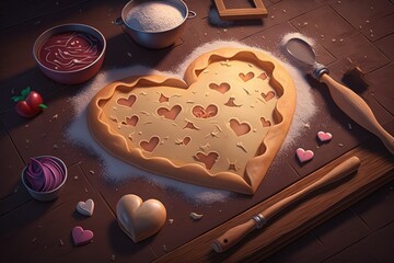 Canvas Print - cooking with affection. Top shot of heart shaped dough. ingredients for baking on a dark hardwood table. Generative AI