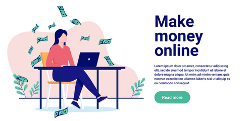 Leinwandbilder - Make money online - Woman earning and having success in making profits on internet business. Flat design vector illustration with copy space for text and white background