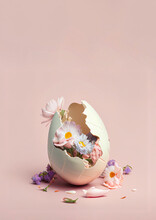 Pastel Creative Easter Concept, Broken Colored Delicious Egg Surrounded By Fresh Spring Field Flowers. Illustration, Generative AI.