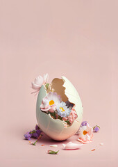 Wall Mural - Pastel creative Easter concept, broken colored delicious egg surrounded by fresh spring field flowers. Illustration, Generative AI.