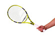 Adult man's hand holding tennis racket isolated on white background.