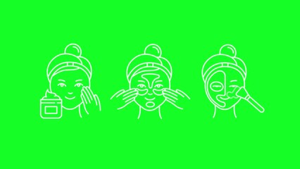 Sticker - Animated face care white line icons. Applying facial cream and mask. Loop HD video with chroma key, alpha channel on transparent background, black solid background. Outline motion graphic animation