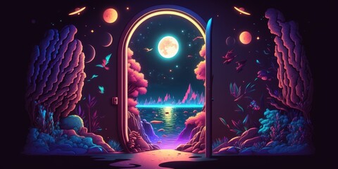 Sticker - Fantasy futuristic night scene with abstract island and scenery, moonlight, brilliance, moon, and neon. Natural setting in the dark with water reflecting light. Illustration of a neon space galaxy doo