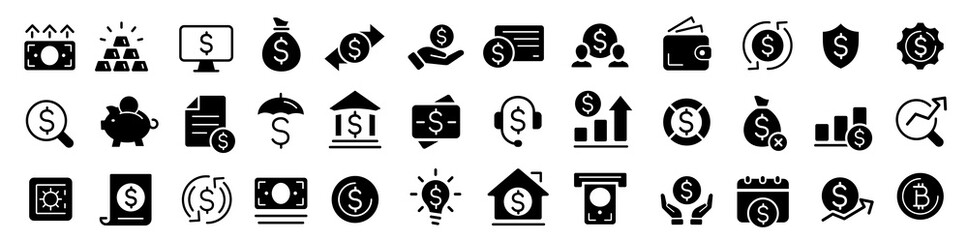 Wall Mural - Money and finance icon vector set. Set Flat Business Icons. Money, finance, payments elements. Set of Banking, Wallet and Coins icons. Credit card, Currency exchange and Cashback money service.