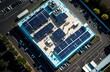 Solaranlage auf dem Dach eines Supermarktes. Öffentliche Solarenergie Flächen nutzen. Grüne Energie Konzepte in Gewerbegebieten. Sonnenenergie wirtschaftlich verwenden und betreiben.
