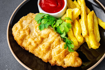 fish and chips french fries deep fried fast food takeaway healthy meal food snack on the table copy space food background rustic top view