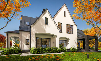 3d rendering of cute cozy white and black modern Tudor style house with parking  and pool for sale or rent with beautiful landscaping. Fairy roofs. Clear sunny autumn day with golden leaves anywhere