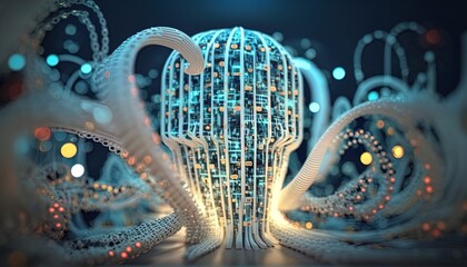 Datenkraken as futuristic AI android as center of data gathering network in cinematic lighting, photoreal, realistic created with generative ai technology