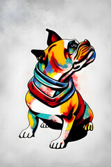 Wall Mural - Isolated colorful bulldog on dirty white background illustration. T-shirt design, canvas painting, cartoon, style. Generative AI