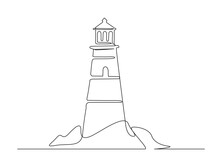 Continuous One Line Drawing Of Lighthouse Tower. Simple Illustration Of Castle Hill Tower, Sea Coast Line Art Vector Illustration