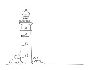 Continuous one line drawing of lighthouse tower. Simple illustration of castle hill tower, sea coast line art vector illustration