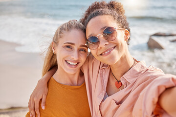 Wall Mural - Selfie, beach and portrait of women on summer, vacation or trip, happy and smile on mockup background. Travel, face and freedom by friends hug for photo, profile picture or social media post in Miami