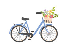 Cute Ladies Blue Bicycle With Basket Of Spring Flowers. Women City Retro Bike. Summer Floral Vintage Journey Concept. Romance. Good For Cards, Greeting. Flat Vector Illustration On White Background