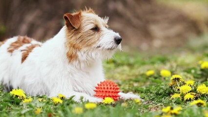 Wall Mural - Happy furry pet dog listening, relaxing in the grass with a toy and flowers. Spring forward, springtime background.